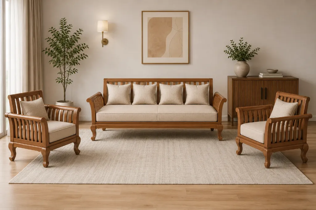 Sofa Set (3+1+1)  - VAREK (Teak, NT01 - Natural, NR/Bailey [ Bailey 701 ])